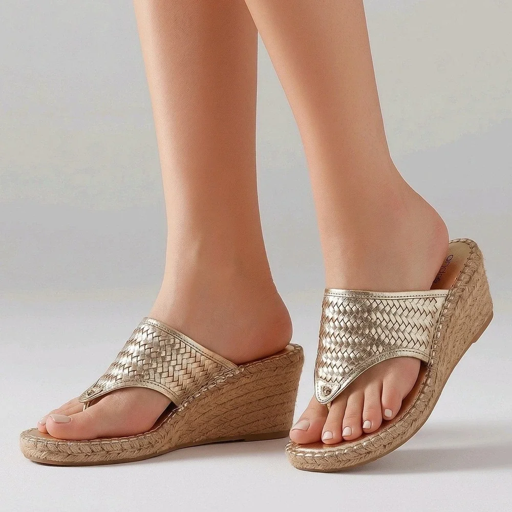 André Assous Alyssa Wedge‎ Sandals Gold Woven Leather Espadrille Boho 9 M